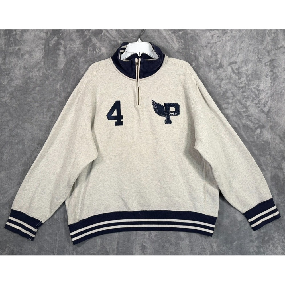 Polo Ralph Lauren P Wing 1/4 Zip Sweatshirt Mens 2XL Blue Gray 4 Logo Pullover